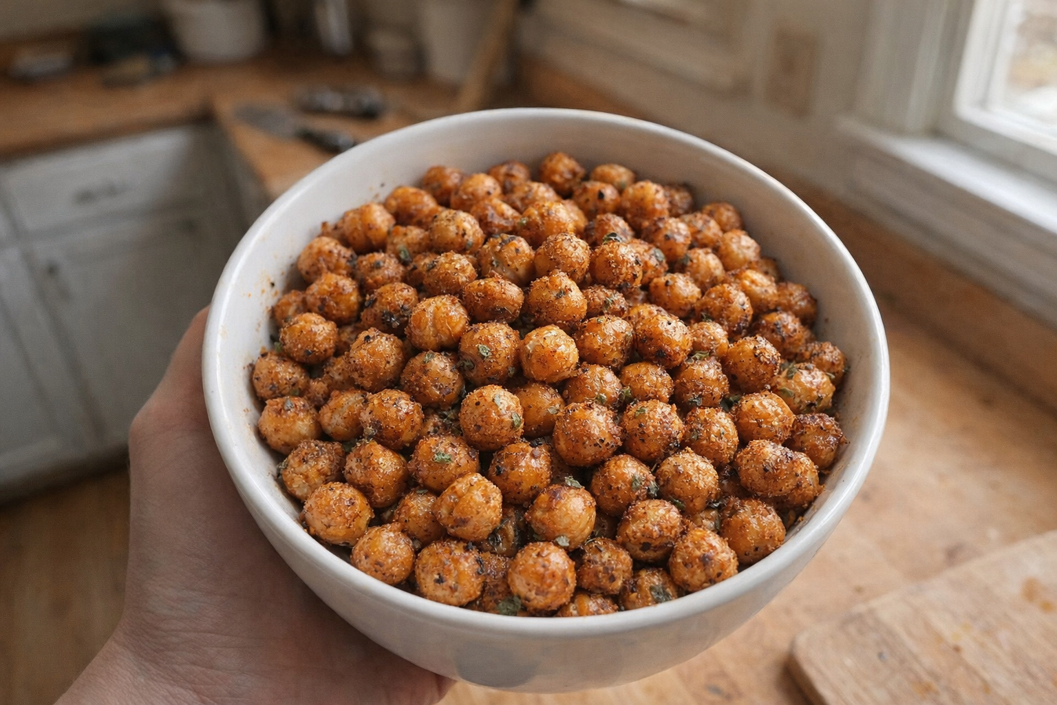 A high-angle, brightly lit shot of a bowl filled with crispy, golden-brown roasted chickpeas, seasoned with paprika and herbs.